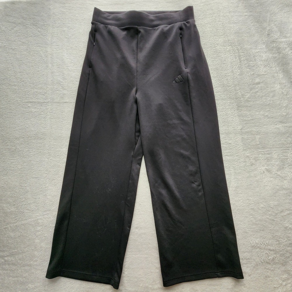 Adidas Wide Leg Track Pants Womens Large Black Zipper Pockets Sporty Streetwear